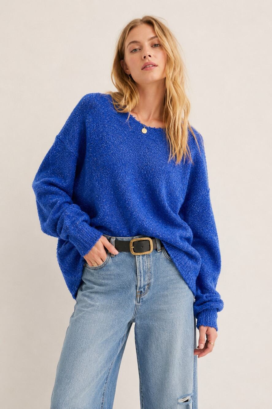 Sandrine Rose X Free People NWT Blue Metallic Eyelash Fuzzy Oversized Sweater L